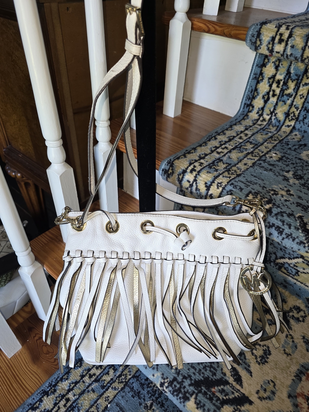 Michael Kors White Leather Fringe Shoulder Bag with Gold Hardware